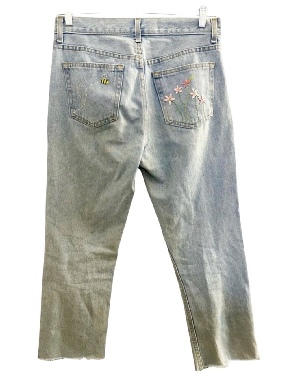 George Women Light Wash Jeans Boho Floral Bee Embroidery Raw Hem 30x26 Cottageco